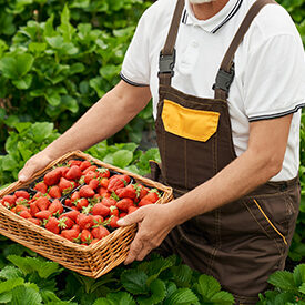 senior man harvesting tasty ripe red strawberry basket e1751466592917